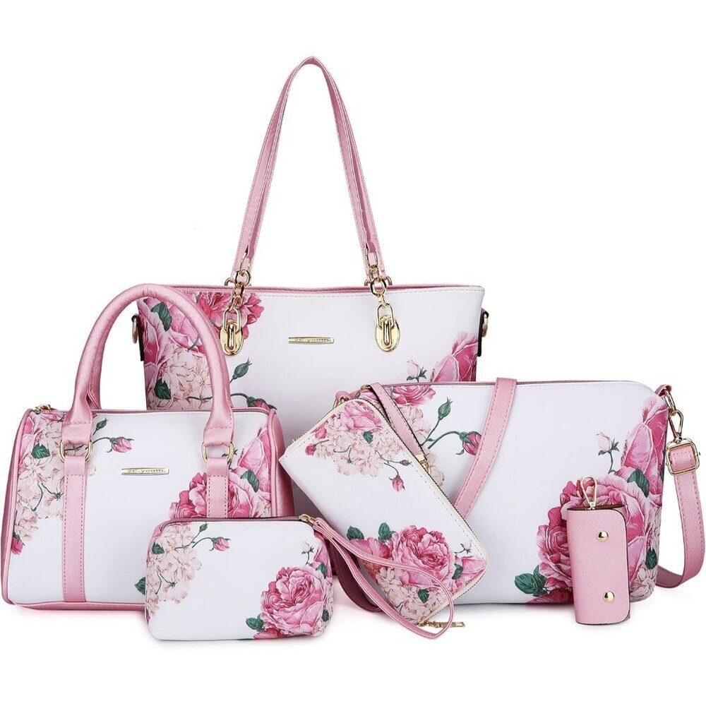 Women's Pink White Faux leather Zipper Simple Top Handle 6pcs Tote Hand Bag - Picture 1 of 6